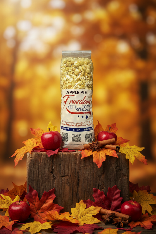 A bag of Freedom Kettle Coffee Apple Pie flavored coffee beans sits on a rustic wooden block against a dark, spotlight-lit background.