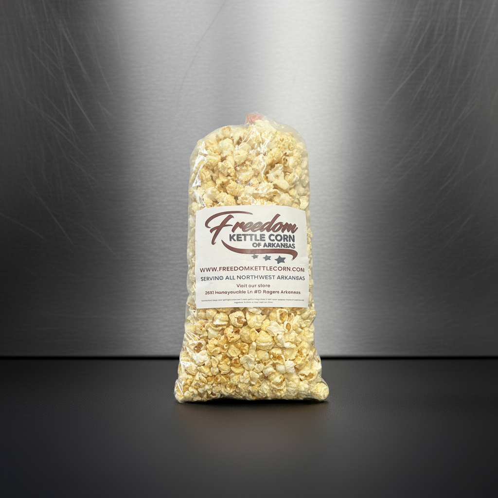 Bag of Freedom Kettle Corn with scattered popcorn on a dark background