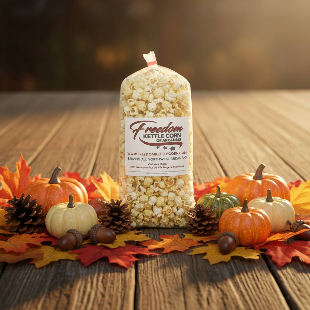 Bag of Freedom Kettle Corn with scattered popcorn on a dark background