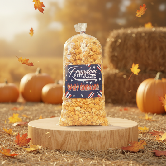 A clear plastic bag filled with golden popcorn and topped with a navy label reading 'Freedom Kettle Corn of Arkansas Spicy Cheddar.' The bag is centered on a white surface with red, white, and blue balloons in the background and the word 'SPICY' in orange at the bottom left.