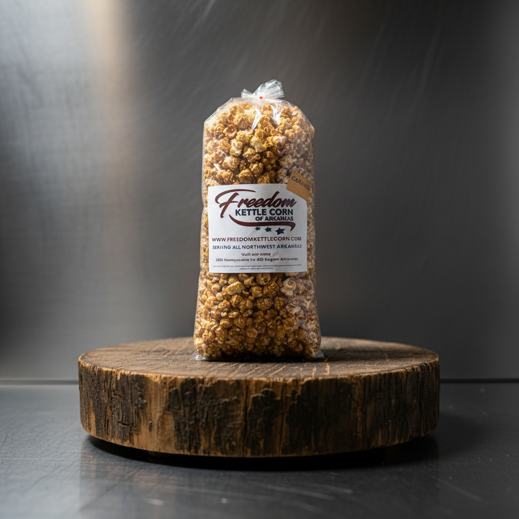 Bag of rich caramel corn popcorn from Freedom Kettle Corn of Arkansas