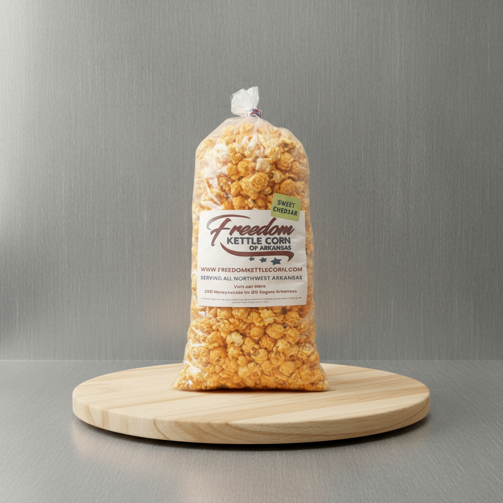 Bag of sweet cheddar popcorn from Freedom Kettle Corn of Arkansas