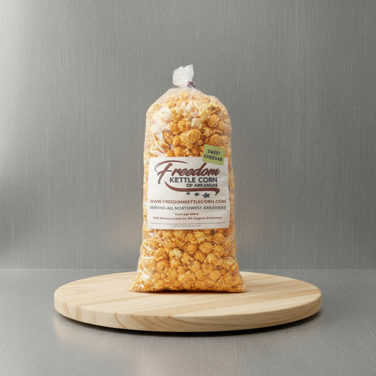 Bag of sweet cheddar popcorn from Freedom Kettle Corn of Arkansas